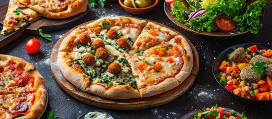 Fototapeta na wymiar Salmon and cheese pizza, buffalo margarita pinsa, falafel pinsa, vegetable salad, Roman dough, pinsa on dark brown table