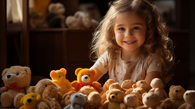 baby with group of  toys. Little baby boy playing at home with soft teddy bear toys. 