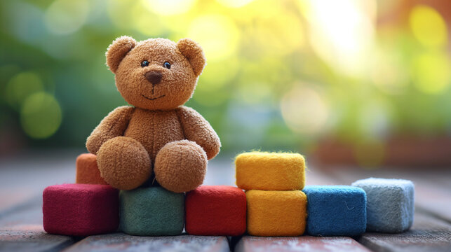 Children's of toy accessories. Colorful cildren's toys on table, wooden, plastic and plush toys. 