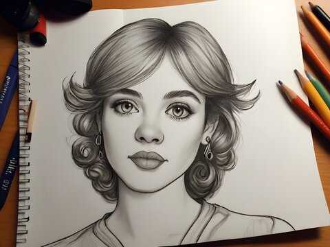 Malblock mit einem gemalten Selbstportrait und Farbstiften