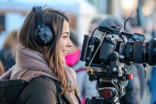 female journalist talking and smiling