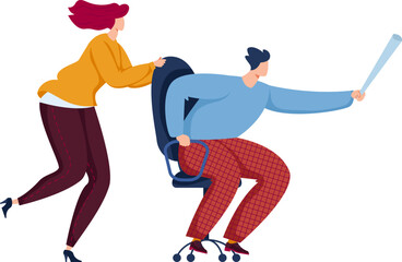 Woman pushing office chair with man pointing baton forward. Teamwork and leadership in action vector illustration.