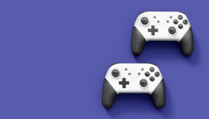 Realistic white video game joysticks or gamepads on violet background