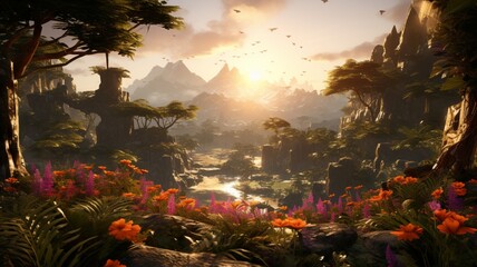 A secluded jungle clearing, bathed in golden sunlight, with exotic flowers in full bloom  -Generative Ai