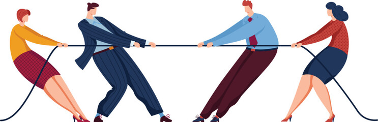 Two men and two women engaged in a tug of war competition. Concept of teamwork, gender equality, and business challenge vector illustration. - obrazy, fototapety, plakaty