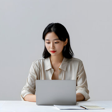 Chinese woman using a laptop in a modern office setting isolated on white background, minimalism, png
