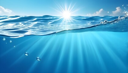 Serene water wave with a sun reflection and rays. Underwater blue ocean, a swimming pool, or an idyllic panoramic background. 