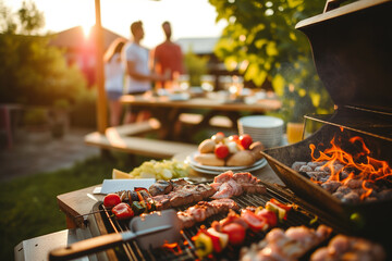 people grill on a big grill in the backyard