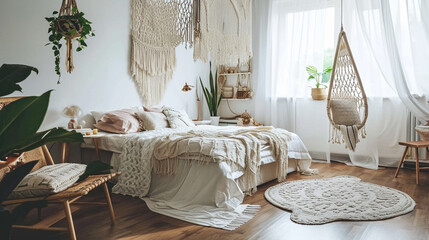 Scandi-boho style bedroom. Generative Ai