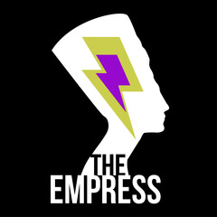 The Empress. T-shirt design with the bust of Nefertiti next to the thunder symbol on a black background. Glamor rock poster.