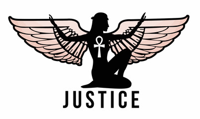 Justice. T-shirt design of a winged Egyptian woman silhouette with outstretched arms.