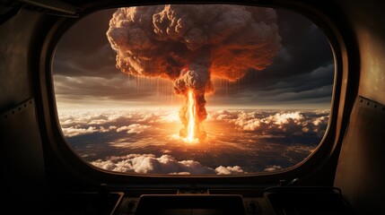 Mushroom cloud from a nuclear explosion seen through an airplane window - obrazy, fototapety, plakaty