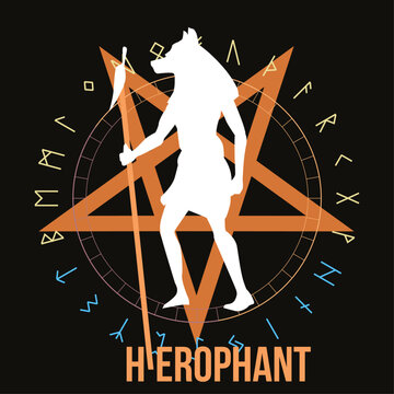 Hierophant. T-shirt design of the Egyptian god Anubis on a diabolical star and runic alphabet on a black background.