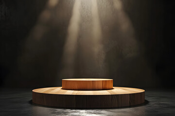 Holzpodium der Eleganz: Leeres Podium mit Holzstruktur f&uuml;r stilvolle Produktpr&auml;sentationen auf neutralem Hintergrund, beleuchtet von Spotlights f&uuml;r zus&auml;tzlichen Fokus und visuellen Reiz