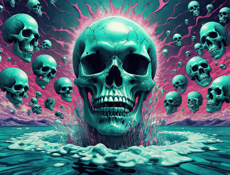 Psychedelic Bath Salts Frenzy - Close-up of a skull in a lake with surreal and hallucinatory teal accents Gen AI