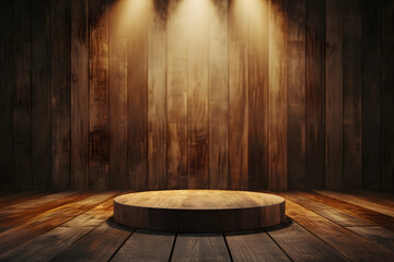 Naklejka premium Holzpodium der Eleganz: Leeres Podium mit Holzstruktur für stilvolle Produktpräsentationen auf neutralem Hintergrund, beleuchtet von Spotlights für zusätzlichen Fokus und visuellen Reiz