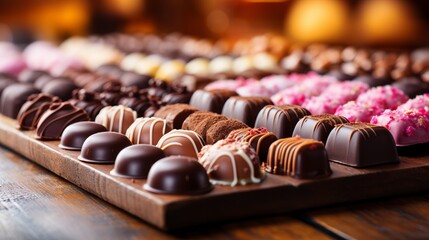 Assorted chocolate candies on blurred bokeh background, vertical composition, sweet candy treats