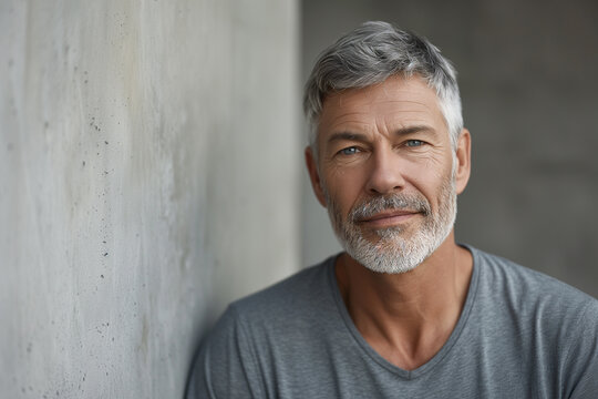 Male Older Man And Grey Hair Wearing A Grey Shirt