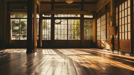 shiny old wooden floor and sliding paper doors. Generative Ai - obrazy, fototapety, plakaty