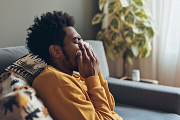 man blowing his nose while resting on the couch - obrazy, fototapety, plakaty