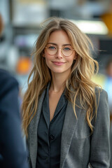 Confident young businesswoman in the city, exuding happiness and style with a cheerful smile outdoors.
