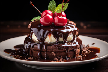 Ripe juicy cherries on dessert with liquid chocolate. Photo of a chocolate dessert in a restaurant style. Generated by artificial intelligence