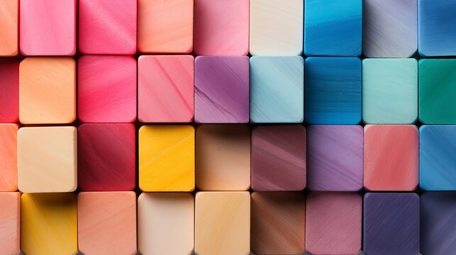 Colorful wooden blocks aligned on wide format background for creative design concepts.