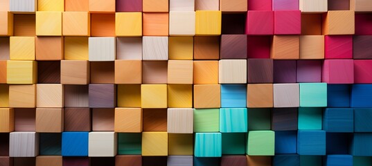 Colorful wooden blocks on wide background, concept of creativity and imagination