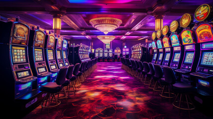 Many slot machines inside a casino with purple lights