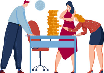 Three people in office stacking gold coins on desk. Colleagues collaborate on financial project. Teamwork and investment strategy vector illustration.
