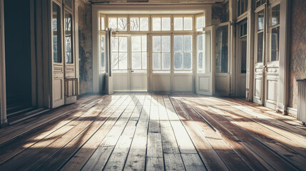 shiny old wooden floor and sliding paper doors. Generative Ai