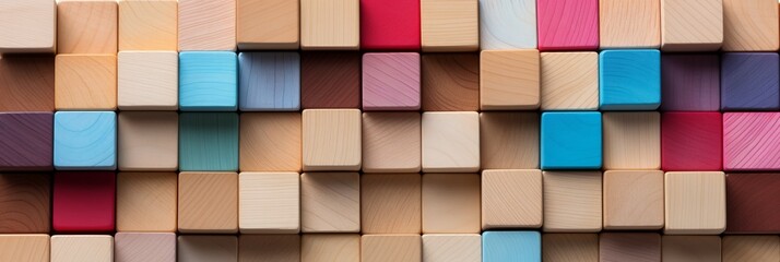 Vibrant arrangement of colorful wooden blocks in a wide format background