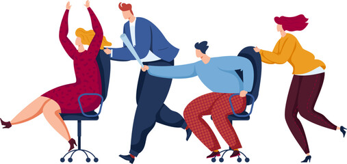 Four diverse professionals in a dynamic and playful office chair race. Excitement and competition in the workplace vector illustration.