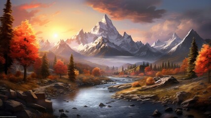 A serene valley nestled between two massive peaks, with the sun casting warm hues across the landscape  -Generative Ai