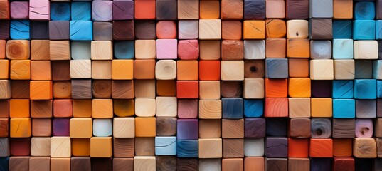 Vibrant and colorful wooden blocks aligned in a wide format background