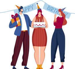 Two women and one man celebrating with birthday hats. Lady with a cake and man holding a gift. Festive party and birthday celebration vector illustration.