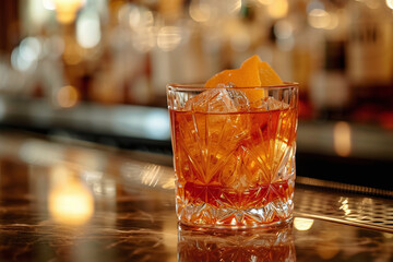 Aperol cocktail in a glass with ice and orange on the bar counter