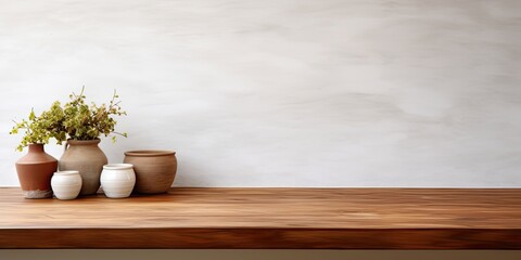 Brown wooden table and white cement kitchen wall, wooden shelf for product display, wood table top mockup.