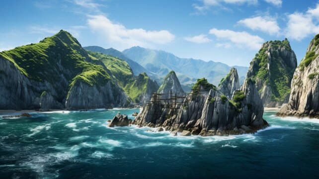 A series of interconnected islets surrounded by towering cliffs, forming a stunning seascape nestled within the embrace of the mountains  -Generative Ai