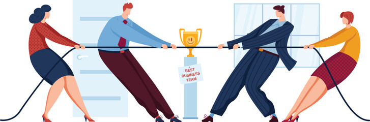 Two businessmen and two businesswomen playing tug of war with a trophy. Team competition and goal achievement in office setting vector illustration. - obrazy, fototapety, plakaty