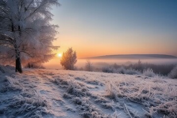 A picturesque winter landscape at sunrise, depicting the beauty of nature during Christmas. Generative AI