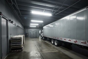 Refrigerated truck inside storage facility. Generative AI