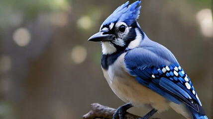 A beautiful blue jay bird standing on the tree.