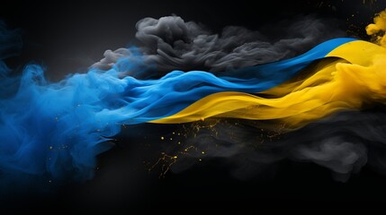 Yellow and blue smoke on black background with swirling air, ukrainian flag concept