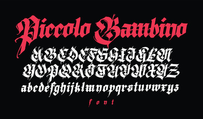 Gothic. Vector. Uppercase and lowercase white letters on a black background. Beautiful and stylish calligraphy. Elegant European typeface for tattoo and design. Medieval Germanic modern style.