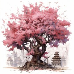Cherry Blosom Tree in full Bloom - watercolor art