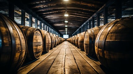 Rows of wooden whiskey, bourbon, and scotch barrels aging in distillery warehouse