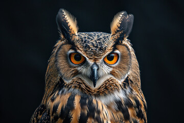 Portrait of an owl's head on a black background, the look of an eagle owl