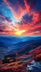 Sunset in the mountains. Dramatic colorful sky with blue hills , Generate AI