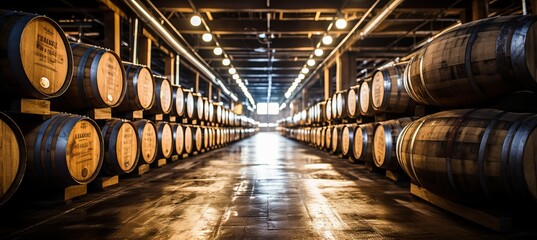 Wooden whiskey, bourbon, and scotch barrels aging in distillery warehouse facility